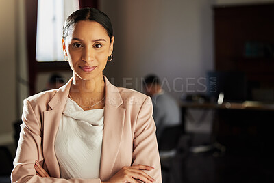 Buy stock photo Law firm portrait, legal or woman confident for business work, consultation mockup or contract negotiation meeting. Justice advisor, government or mock up leader, lawyer or attorney with crossed arms