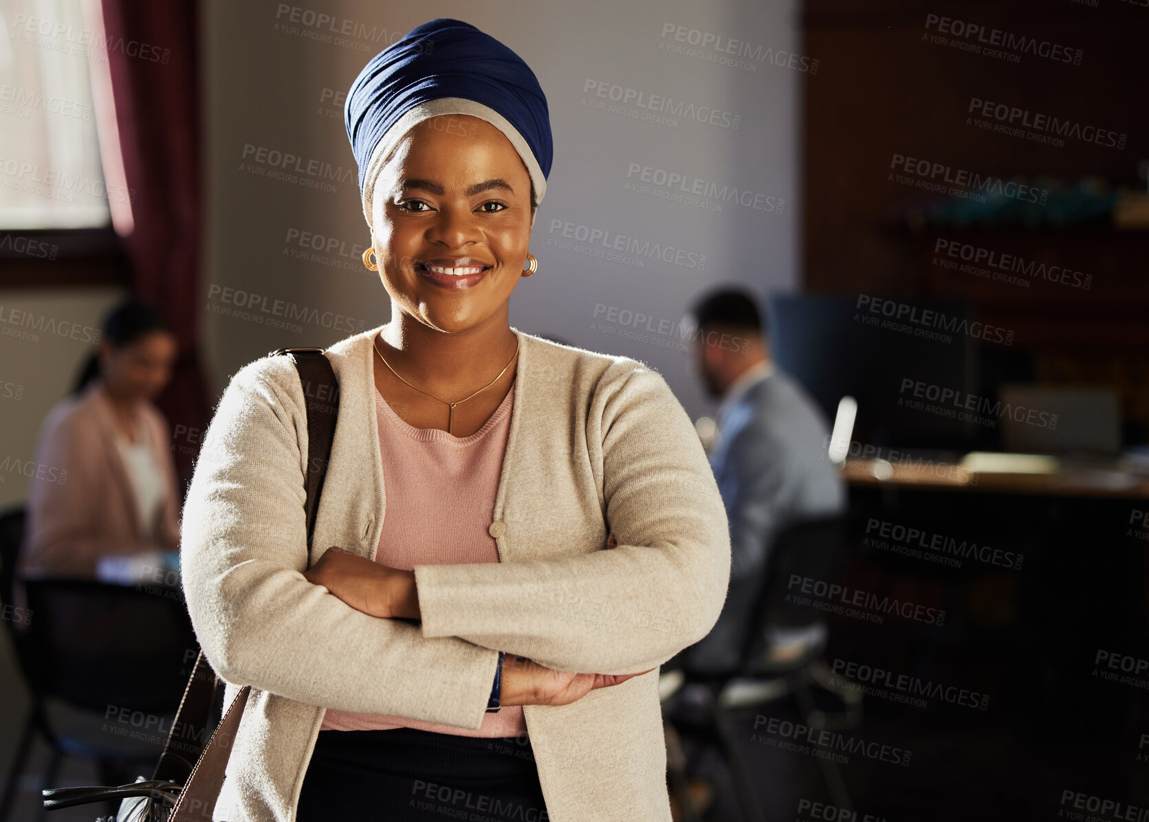 Buy stock photo Law firm portrait, confidence and woman for legal work, consultation service or happy contract meeting. Justice advisor, government mock up and African leader, lawyer or attorney with crossed arms