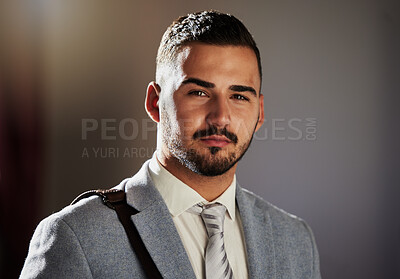 Buy stock photo Portrait, businessman and serious law of a legal associate in office ready for corporate lawyer work. Business man, company employee and advocate from Spain with consultant and professional success 