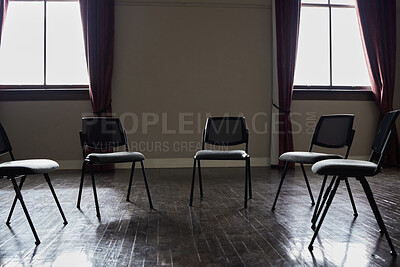 Buy stock photo Group therapy, mental health or circle chairs in empty room, clinic or asylum building for trauma, ptsd or anxiety counselling. Furniture, support or community psychology counseling for help meeting