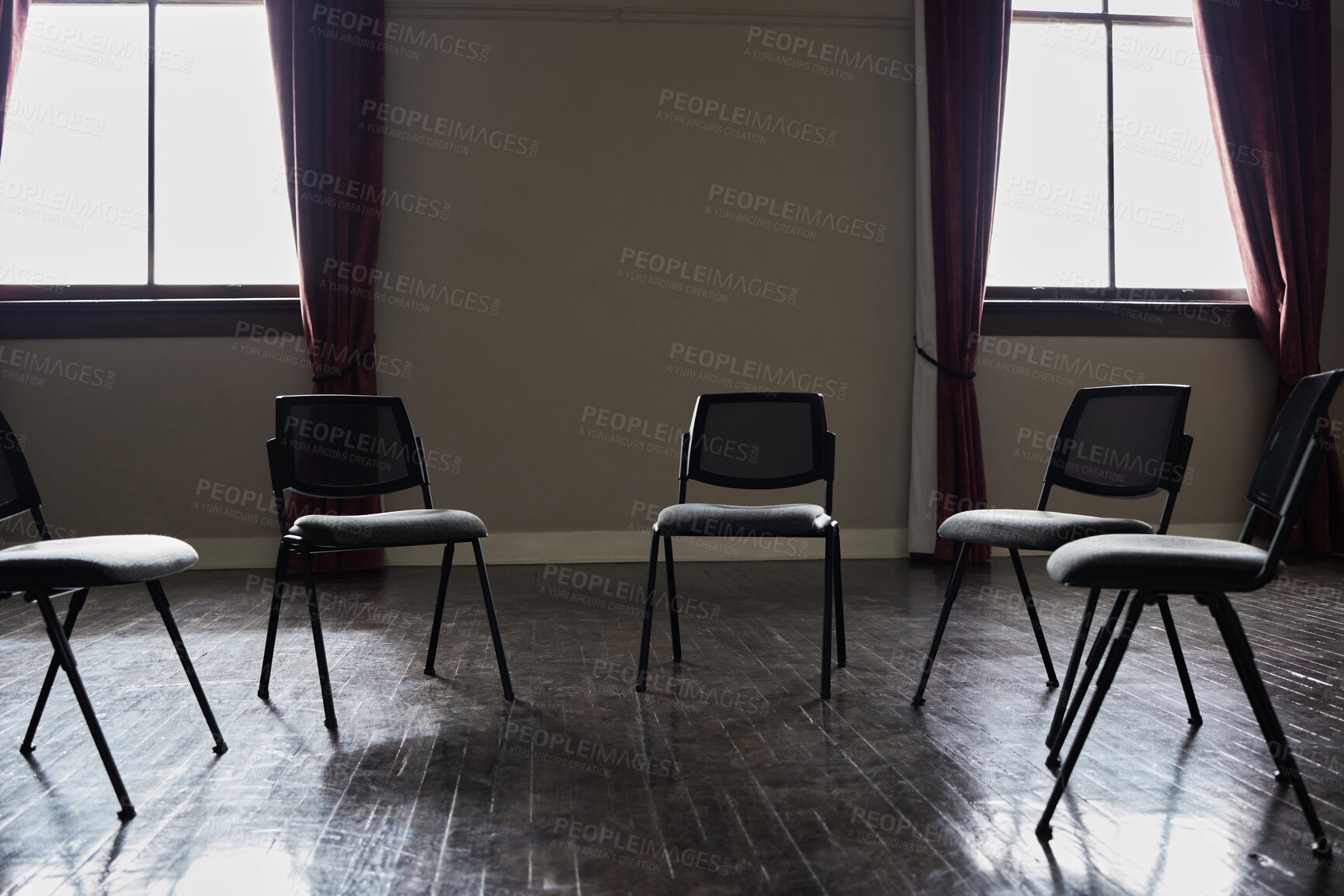 Buy stock photo Group therapy, mental health or circle chairs in empty room, clinic or asylum building for trauma, ptsd or anxiety counselling. Furniture, support or community psychology counseling for help meeting