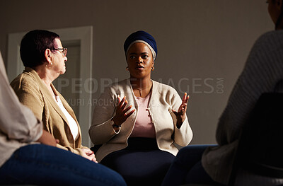 Buy stock photo Support, black woman and senior group therapy with understanding, feelings and talking in session. Mental health, grief or depression, people in retirement with therapist sitting together for healing