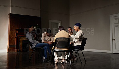 Buy stock photo Support, group of people in therapy a community center and understanding, sharing feeling and talking in session. Mental health, addiction or depression, men and women with therapist sitting together