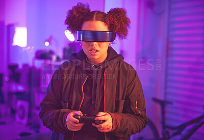 Buy stock photo Metaverse, virtual reality and gaming girl with gamepad, innovation and vr media in neon lighting at night. Female gamer, cyberspace tech and glasses for 3D experience, digital AR fantasy and gen z