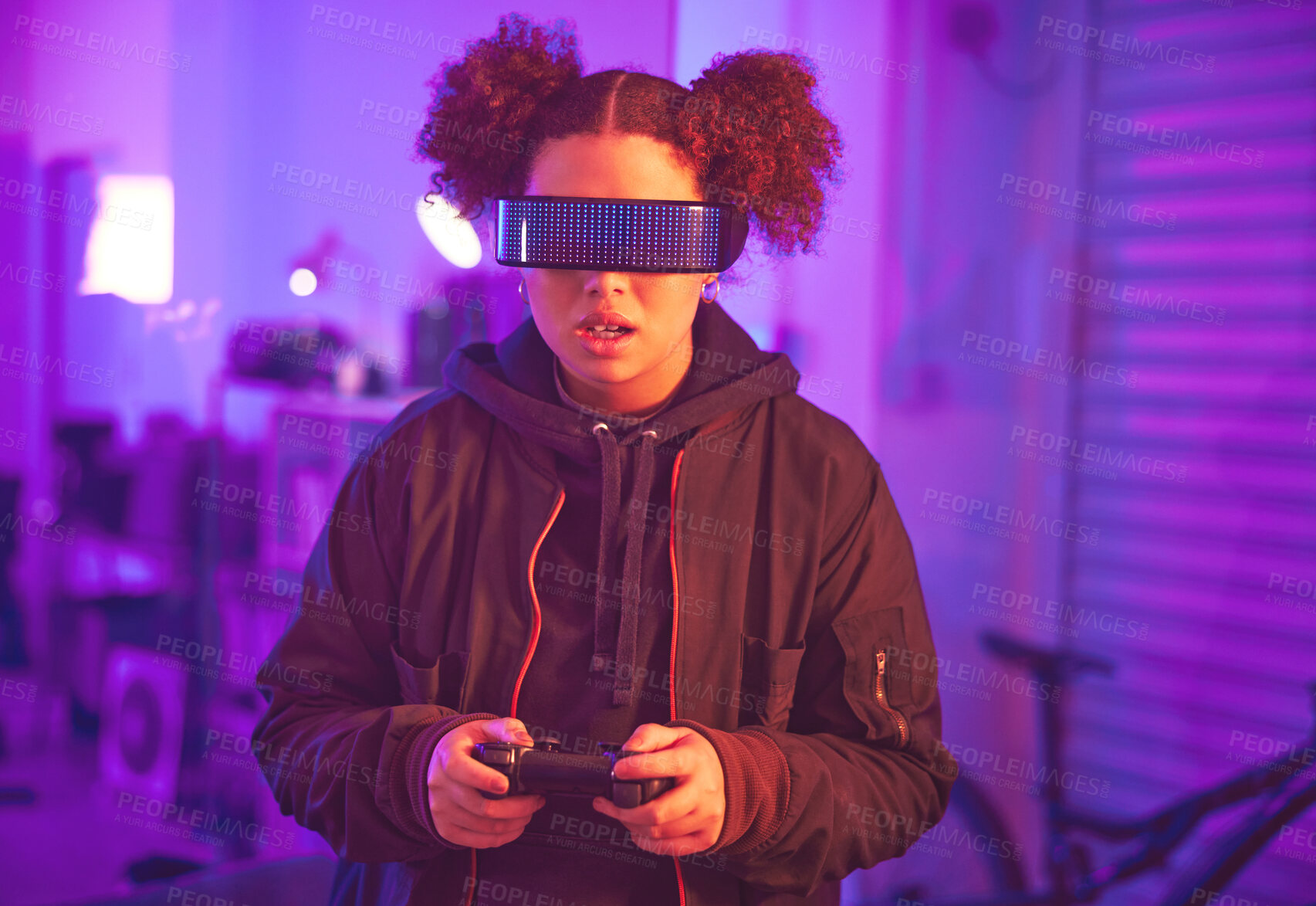 Buy stock photo Metaverse, virtual reality and gaming girl with gamepad, innovation and vr media in neon lighting at night. Female gamer, cyberspace tech and glasses for 3D experience, digital AR fantasy and gen z