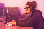 Video game, young girl and headphones in home for esports, online games and virtual competition. Female gamer, computer live streaming and gaming with headset in neon lighting, tech or gen z streamer