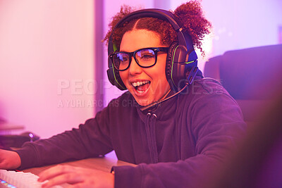 Buy stock photo Happy, wow or woman gamer on computer with microphone playing games, streaming or fun on tech. Smile, excited or esport player female for online competition, gaming progress or achievement in bedroom