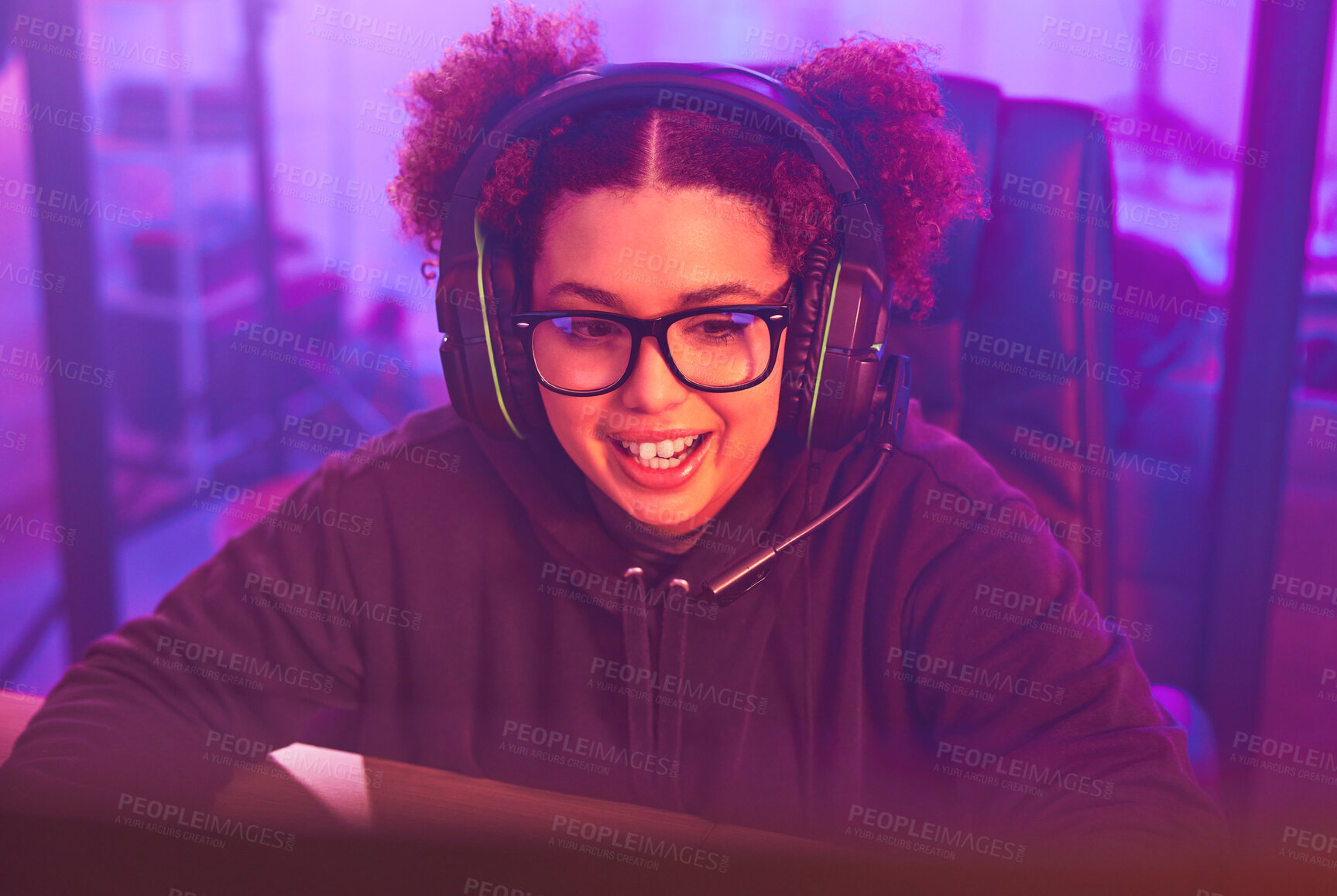 Buy stock photo Video game, teenager girl and headphones in home for esports, online games and virtual player. Female gamer, computer live streaming and gaming with headset in neon lighting, tech and gen z streamer