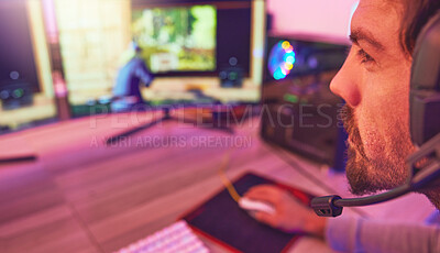 Buy stock photo Computer gamer, man and face with headphones for esports, online games or virtual competition in dark room. Gaming guy, video game player and live streaming on headset in neon lighting, tech or night