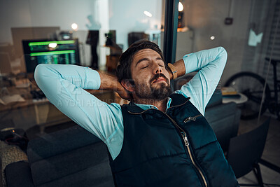 Buy stock photo Developer man, relax or peace in home office with hand on head for achievement, thinking about goals or target. Sleeping, night or entrepreneur on chair for break, calm or nap for work done in house