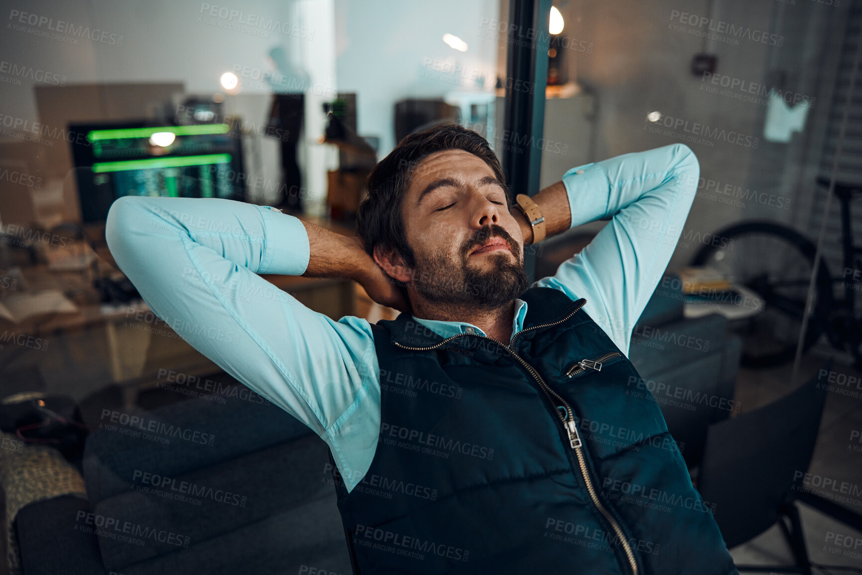 Buy stock photo Developer man, relax or peace in home office with hand on head for achievement, thinking about goals or target. Sleeping, night or entrepreneur on chair for break, calm or nap for work done in house