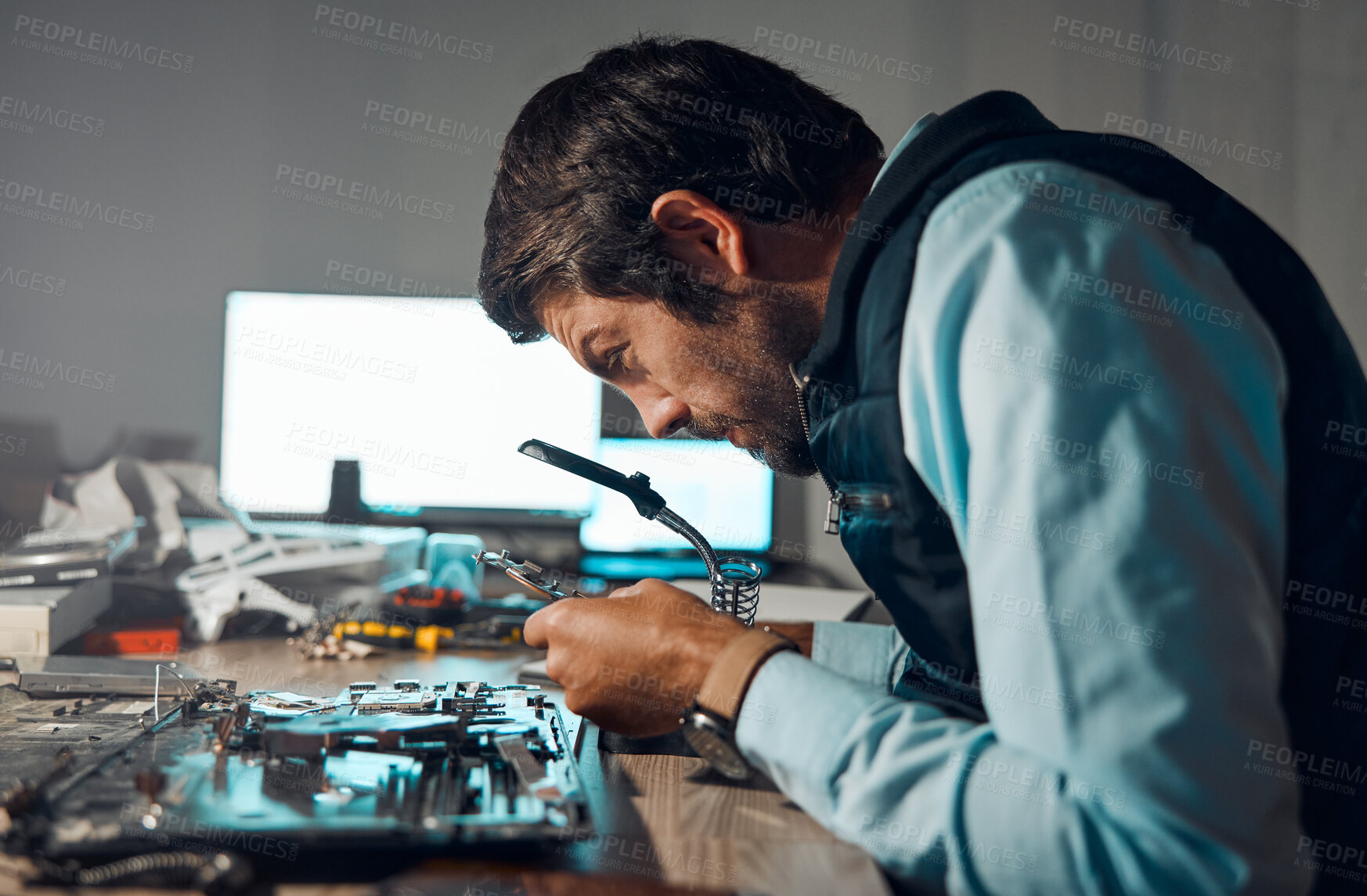 Buy stock photo Information technology, circuit board or man fixing motherboard, electronics hardware or semiconductor. CPU system maintenance, service industry profile or IT worker repair microchip in tech lab