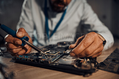 Man hands, it or soldering motherboard in engineering workshop for night database fixing. Zoom, technician or circuit board tools in repair, maintenance or upgrade in information technology industry