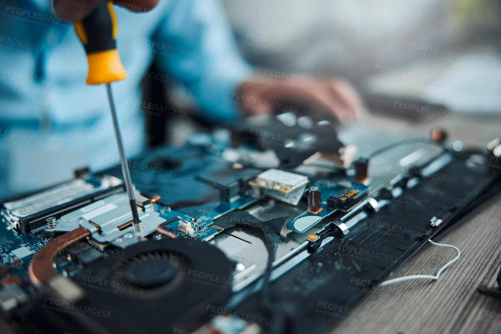 Buy stock photo Screwdriver, motherboard circuit or Information technology man fixing laptop hardware, electronics or semiconductor. CPU system maintenance, service industry or IT worker repair microchip in tech lab