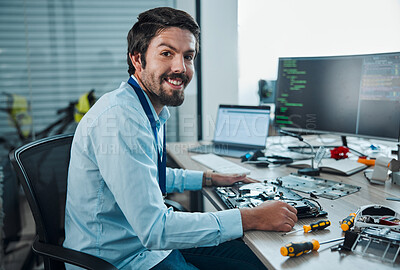 Information technology portrait, motherboard circuit and man repair computer hardware, electronics or semiconductor. CPU system maintenance, service industry or IT worker fixing microchip in tech lab