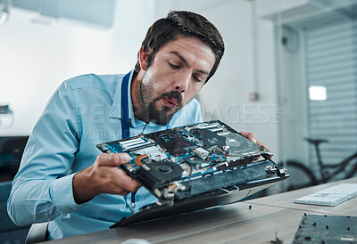 Information technology, laptop circuit repair and man blow hardware dust, electronics or semiconductor. CPU system maintenance, service industry and IT worker fixing motherboard microchip in tech lab