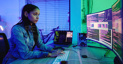 Buy stock photo Serious developer, code and computer screen in neon programming, cybersecurity analytics or SEO night strategy. Programmer, woman and hacker technology coding on dark software, iot safety or password