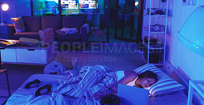 Buy stock photo Woman, night and laptop while sleeping in home bed with blue neon light in bedroom. Tired student person with burnout asleep while online for remote work or mockup social media chat in dark room