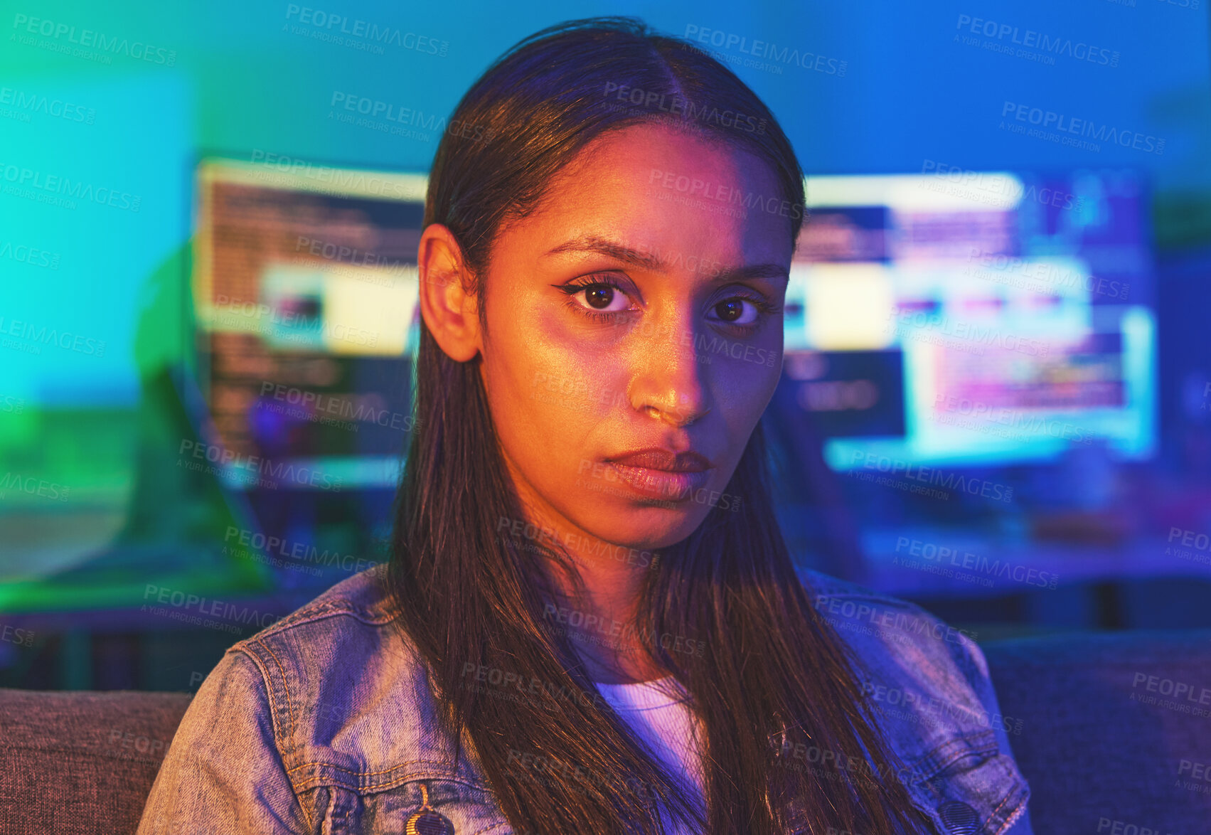 Buy stock photo Hacker, portrait or serious face in neon house with cybersecurity ransomware ideas, phishing vision or coding innovation. Programmer, developer or woman in dark home and secret software virus or code