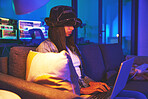 Woman, hacker and programmer typing on laptop in home at night in neon to hack software. Cybersecurity sofa, ransomware phishing and female coder coding on computer for hacking database with malware.