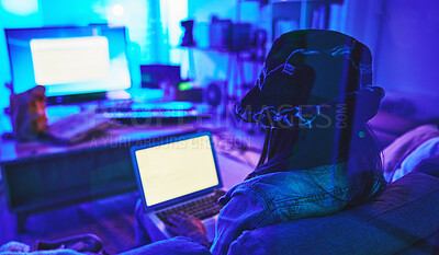 Buy stock photo Programmer, laptop screen or neon mockup for coding ransomware, SEO night phishing or code programming. Hacker, developer or woman on technology for dark software, iot bug mock up or safety data scam