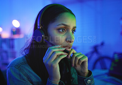 Buy stock photo Talking woman, headphones or live streaming in neon home with esports ideas, pro gaming at night with anxiety. Player, headset or gamer microphone in night house with cyberpunk competition channel