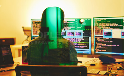 Buy stock photo Developer headset, computer screen or neon coding on cybersecurity ransomware, night phishing or code programming. Programmer, hacker or woman on technology for dark software, iot gdpr or safety scam