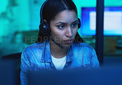 Buy stock photo Serious woman, computer or headphones in neon home for iot coding, night seo programming or code cybersecurity. Programmer, developer or desktop technology and music or podcast for ux ideas planning