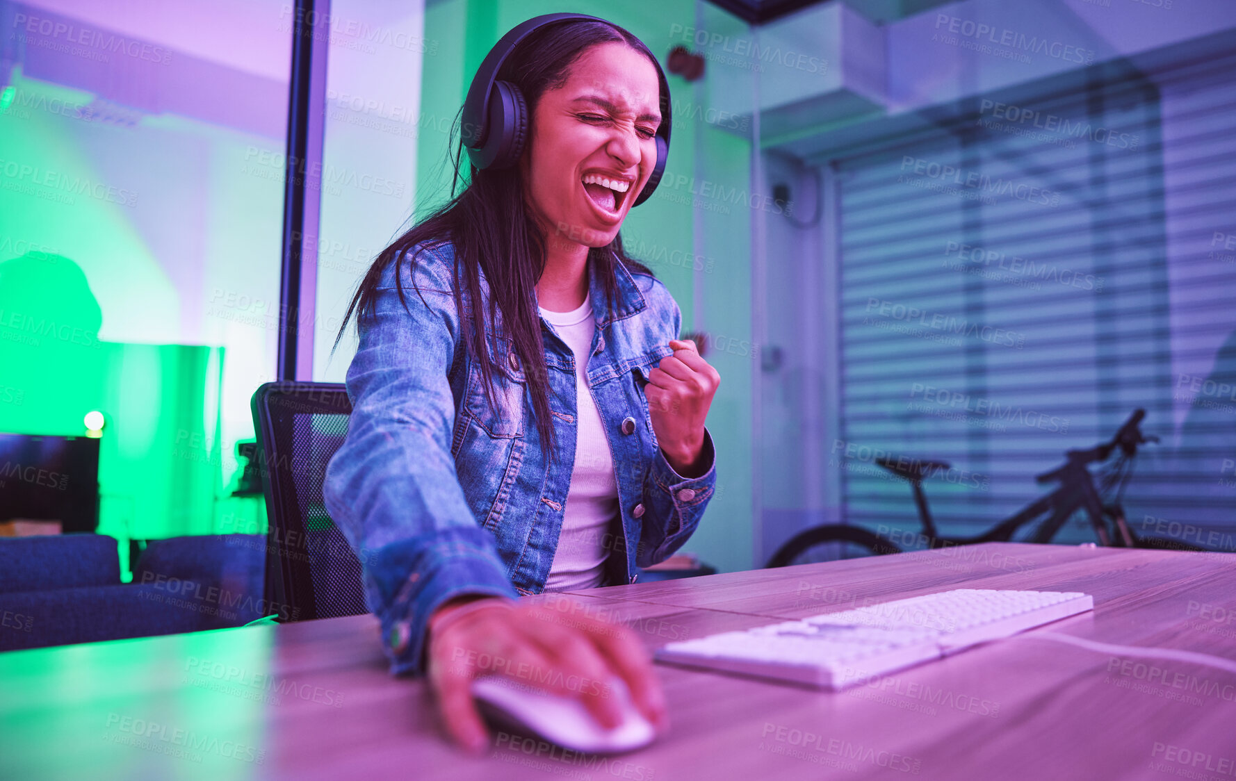 Buy stock photo Woman, headphones or success fist in neon gaming, wow esports or challenge winner in night basement. Smile, happy or excited gamer cheering for game victory, cyberpunk achievement or yes expression