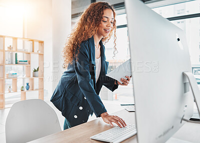 Buy stock photo Young entrepreneur, typing and black woman with computer, startup office and communication on web app. Tech business owner, keyboard and documents with planning, contact and networking on internet
