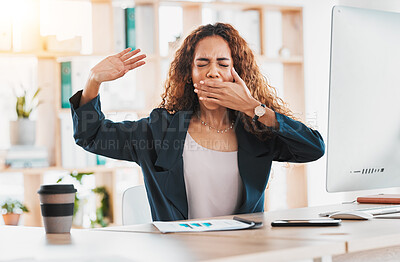 Buy stock photo Tired, yawn and business woman at desk in office feeling exhausted, overworked and low energy. Lazy, sleepy and stretching female worker with burnout, fatigue and bored with job in startup company 