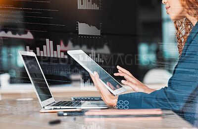 Buy stock photo Businesswoman, laptop and tablet in analytics, data planning or marketing strategy at office desk. Hands of female analyst in management on touchscreen or computer for corporate statistics on overlay