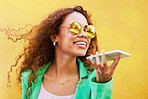 Audio message, laughing and woman on a phone call for communication, connection and chat. Voice assistant, record and girl speaking through a mobile for discussion and talking on a city wall