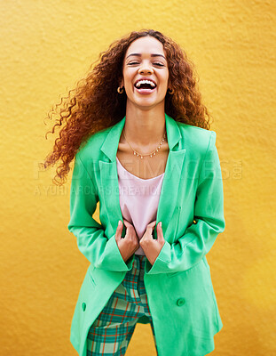 Buy stock photo Portrait, fashion and woman laughing on yellow background, color wall and backdrop with smile in Colombia. Happy young female, trendy style and green clothes for beauty, curly hair and gen z model