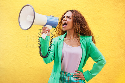 Buy stock photo Megaphone, woman and shouting on yellow background of speech, broadcast and protest noise. Female, announcement and screaming voice for justice, news and attention of opinion, gen z speaker and power