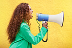 Megaphone, woman and screaming on yellow background of speech, broadcast and protest noise. Female, announcement and shouting voice for justice, news and attention of opinion, gen z speaker and power