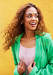 Happy, smile and fashion with black woman in city for freedom, beauty and glow. Cosmetics, confidence and youth with girl and yellow urban wall background for happiness, satisfaction and charming 