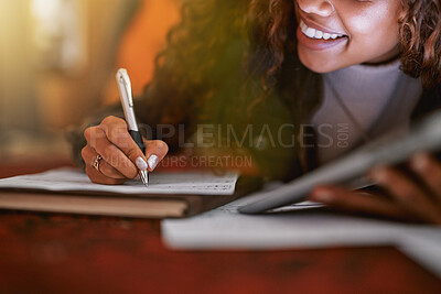 Buy stock photo Musician, hands or song writing paper and tablet in recording studio for album, night performance or radio industry. Zoom, happy or singer woman with artist sheets of production, singing or jazz idea
