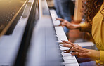Musician woman, hands or playing piano in studio album recording, organ learning or jazz education for label industry. Zoom, fingers or singer on pianist instrument for radio, theater or production