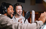 Team, men in recording studio singing and mic, sound equipment with music and artist, diversity and collaboration. Audio tech, headphones and musician with partnership, record label and creativity