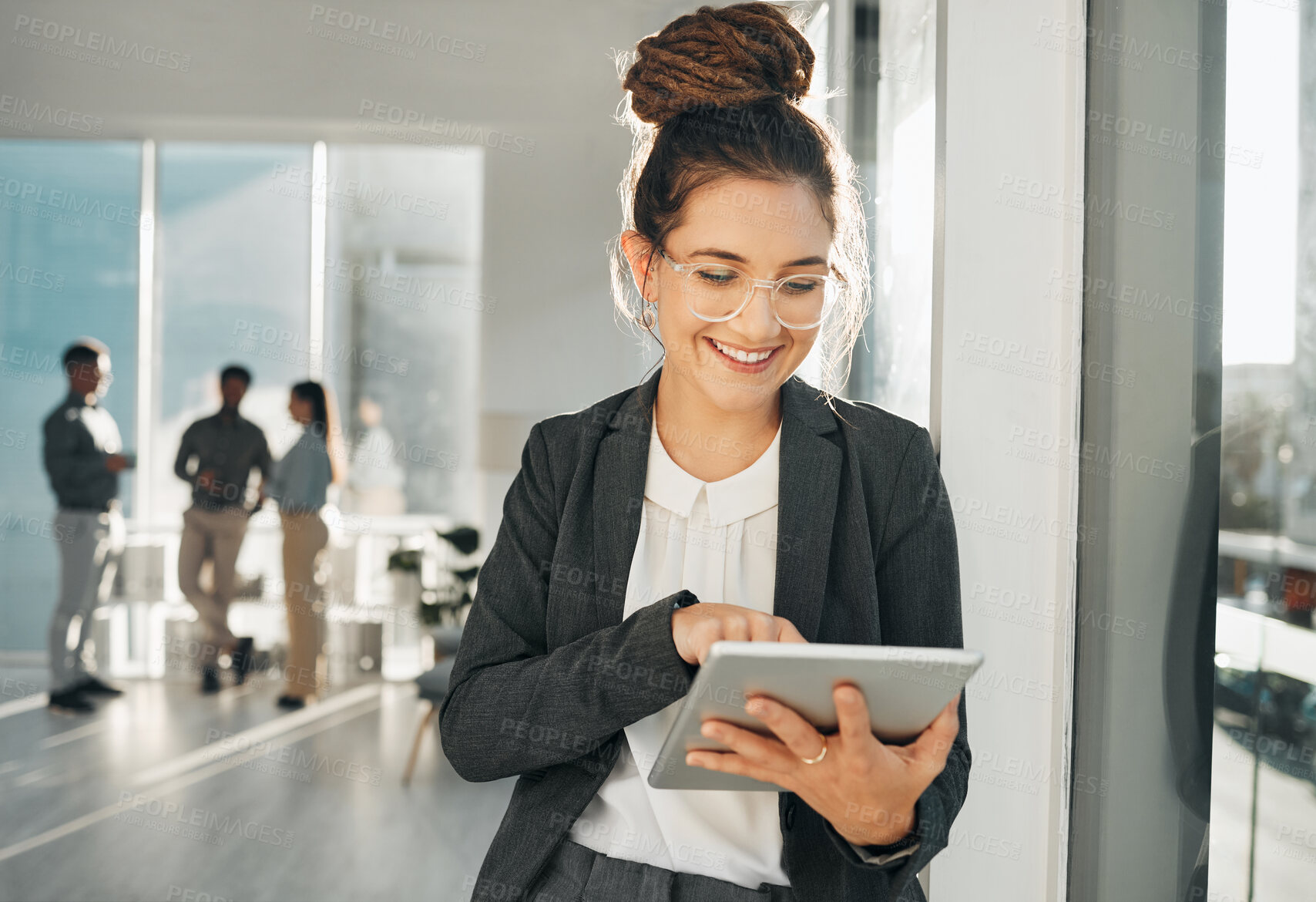 Buy stock photo Happy business woman, tablet and office for planning schedule, iot internet and happiness. Female worker, digital app technology and website research on software, seo data analytics or online network