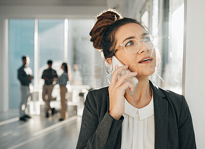 Buy stock photo Worry, business woman and phone call in office with stress, anxiety and thinking about solution. Worried female worker talking on smartphone, conversation and communication for problem, face and risk