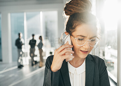 Buy stock photo Anxiety, stress and phone call of businesswoman in office with worry, confused face and mobile. Worried female worker talking on smartphone, conversation and communication of risk, crisis and problem