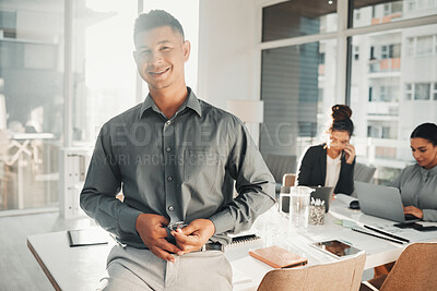Buy stock photo Portrait, happy and businessman in office smile, excited and empowered, ambition and positive mindset. Face, vision and male leader at startup company for management, mission and team productivity