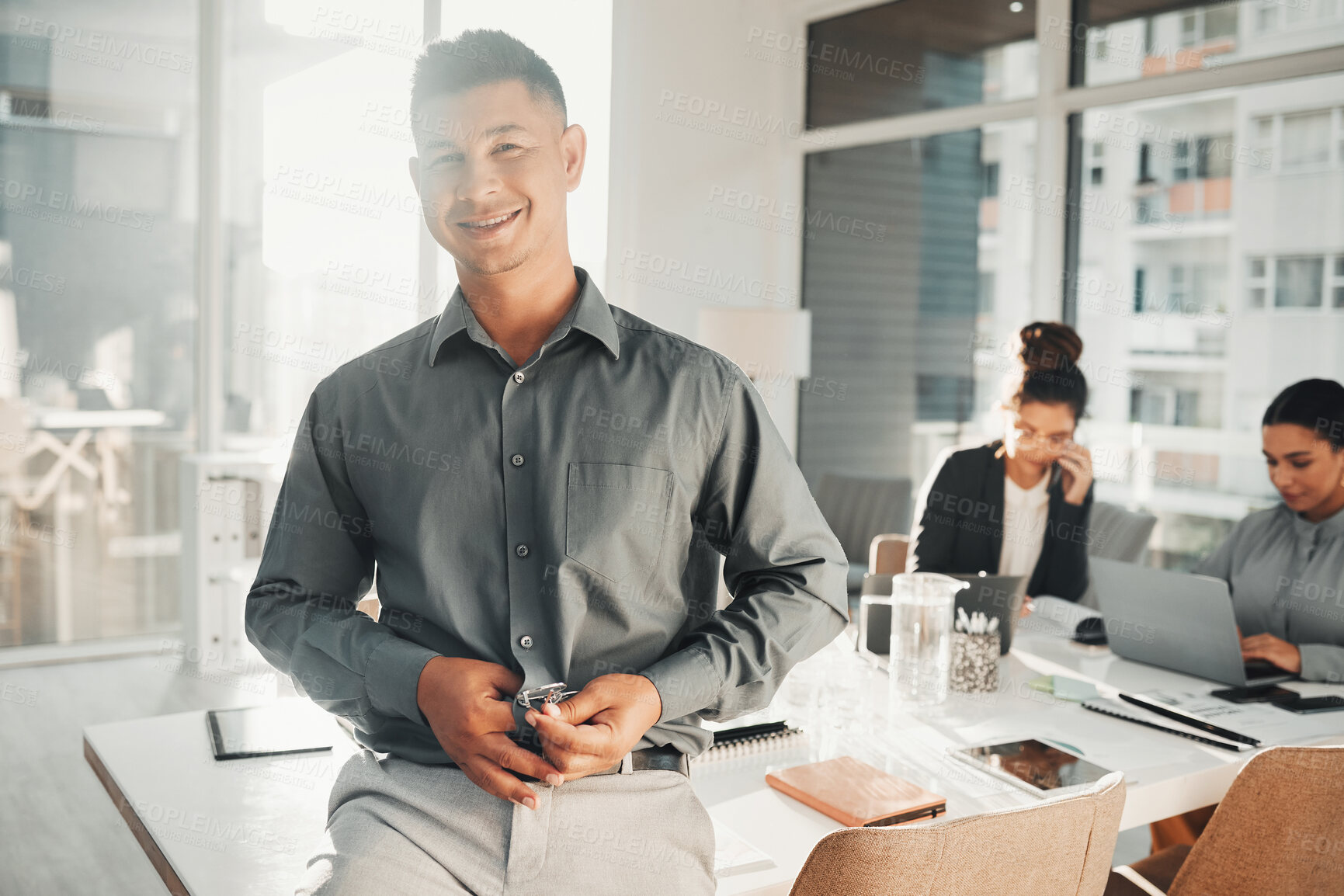 Buy stock photo Portrait, happy and businessman in office smile, excited and empowered, ambition and positive mindset. Face, vision and male leader at startup company for management, mission and team productivity