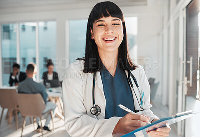 Buy stock photo Doctor, woman and portrait smile with checklist in hospital for research or wellness report. Healthcare clinic, planning and happy female medical professional laughing with clipboard to write notes.