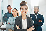 Portrait, collaboration and leadership with a manager woman and her team standing arms crossed in the office. Vision, teamwork or diversity and a female leader posing at work with her employee group
