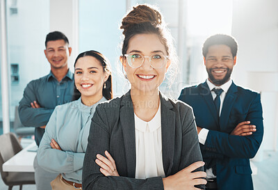 Buy stock photo Portrait, collaboration and leadership with a manager woman and her team standing arms crossed in the office. Vision, teamwork or diversity and a female leader posing at work with her employee group