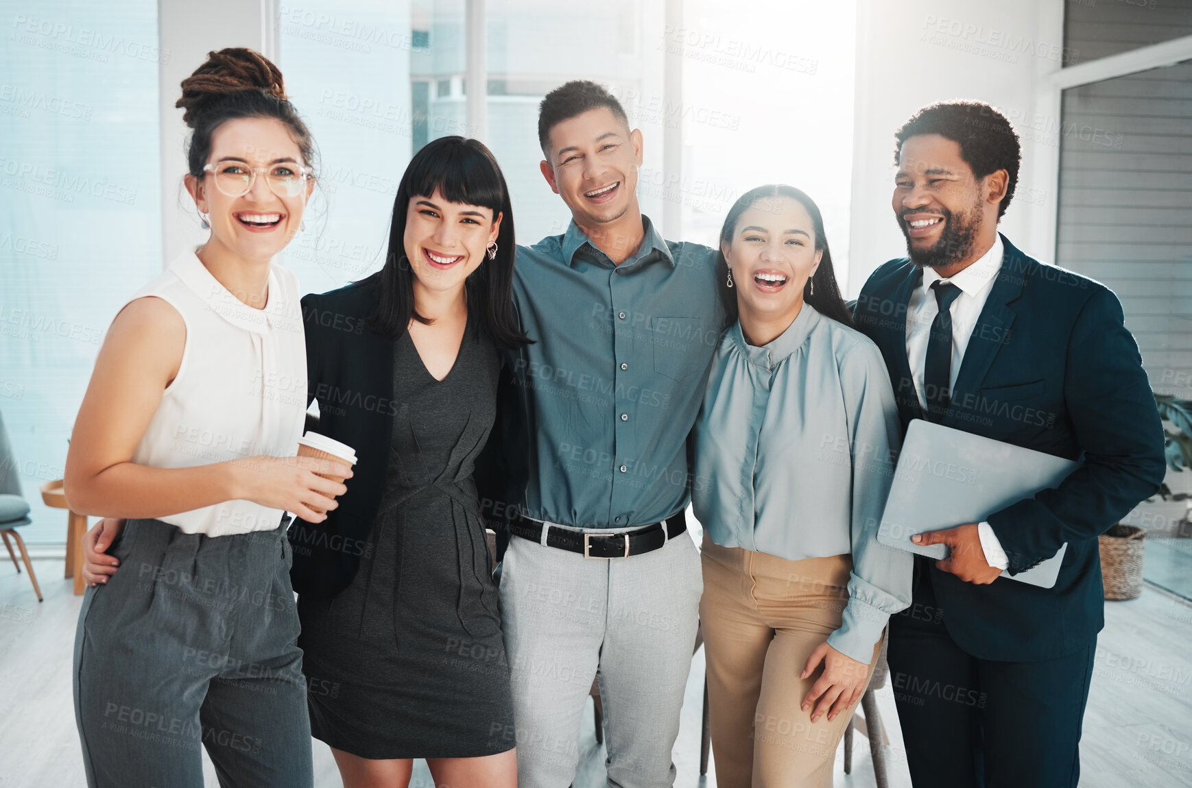 Buy stock photo Happy, group and portrait of laughing business people together for meeting, working and teamwork. Smile, hug and corporate employees in an office for bonding, collaboration and happiness as a team