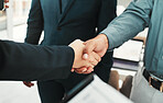 Handshake, business partnership and agreement closeup, collaboration or b2b welcome, thank you and clients meeting. People shaking hands in job interview, career promotion or hiring deal with success